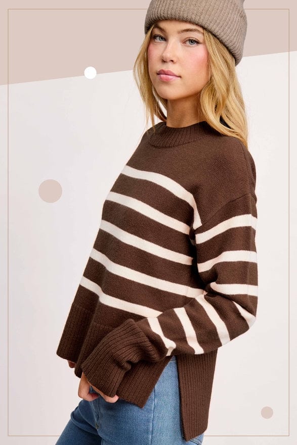 La Miel La Miel Striped Mock Neck Dolman Sleeve Loose Fit Sweater in Fudge - Little Miss Muffin Children & Home