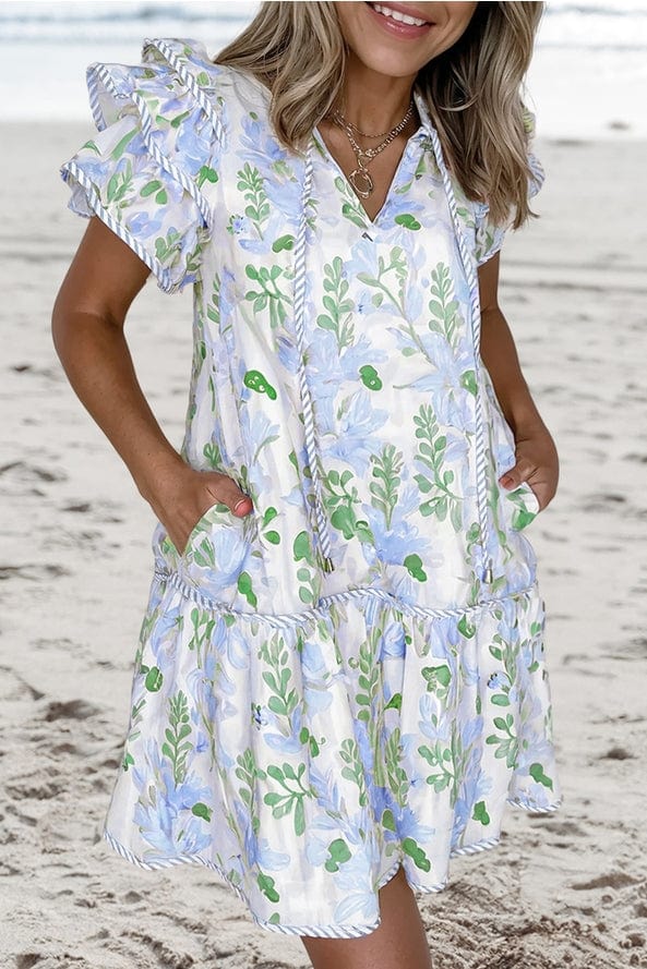 Aapparella Aapparella Floral Contrast Edge Layered Tied Neck Mini Dress in Blue - Little Miss Muffin Children & Home