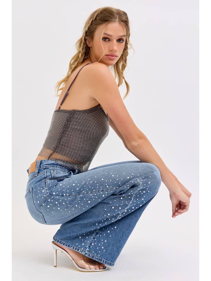 Cello Jeans High Rise Wide Leg Jeans with Rhinestone Trim - Little Miss Muffin Children & Home
