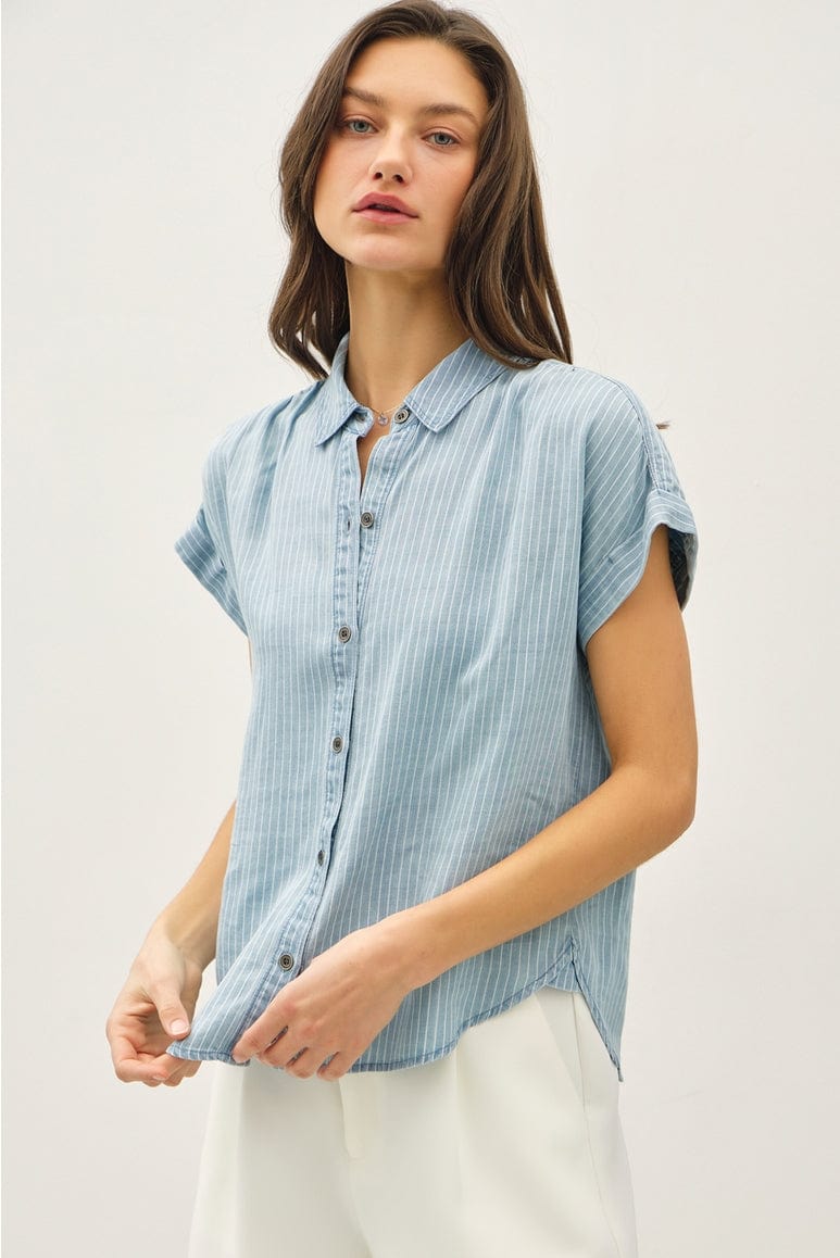 Be Cool Be Cool Striped Tencel Button Up Top with Rolled Sleeves - Little Miss Muffin Children & Home