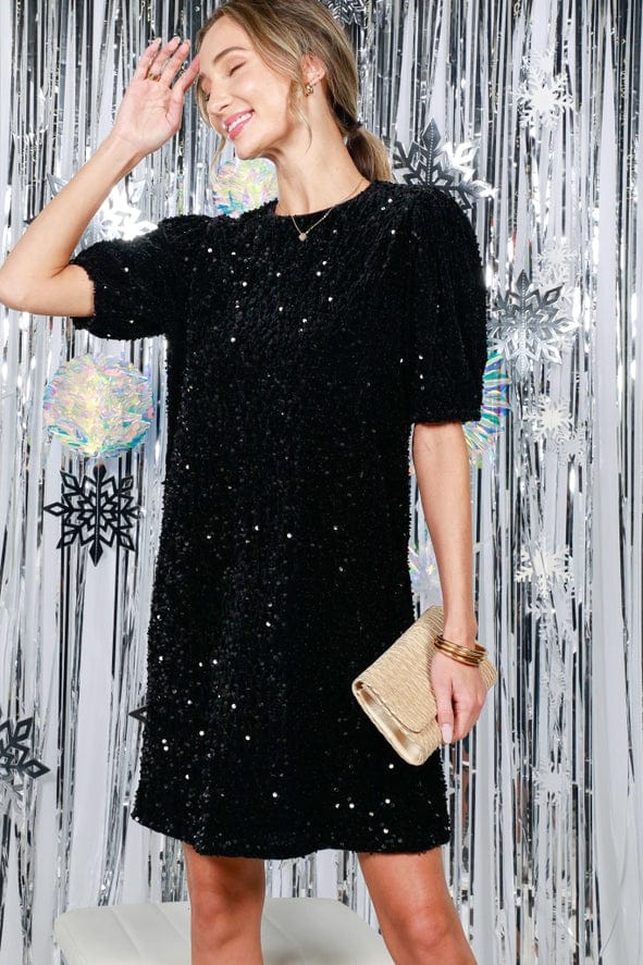 Vine & Love Vine & Love Sequin Velvet Puff Sleeve Mini Dress in Black - Little Miss Muffin Children & Home