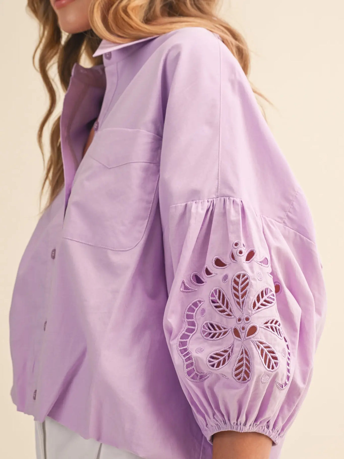 Eyelet Embroidered Puffy Sleeve Button Dow Top in Sweet Lilac