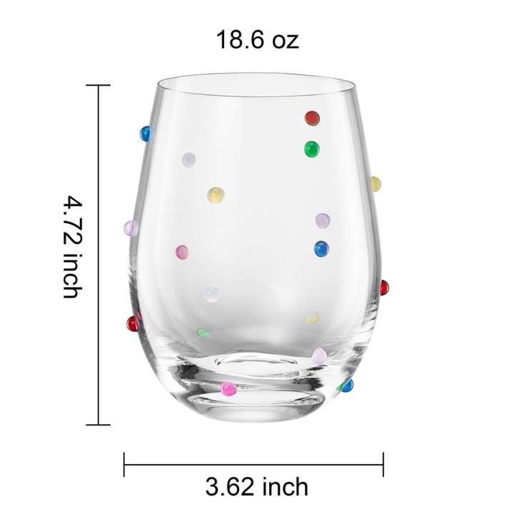 Confetti stemless wine glass filled with a drink