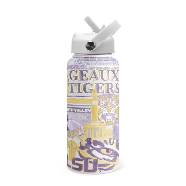 Water bottle with 'Geaux Tigers' text and LSU logo on a white background
