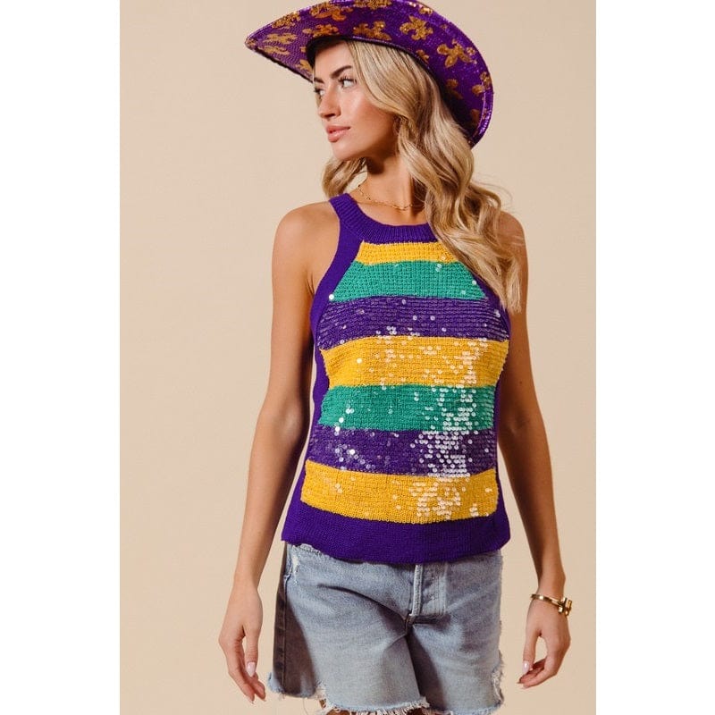 Ive Ive Mardi Gras Stripe Tank Sweater with Clear Sequins - Little Miss Muffin Children & Home