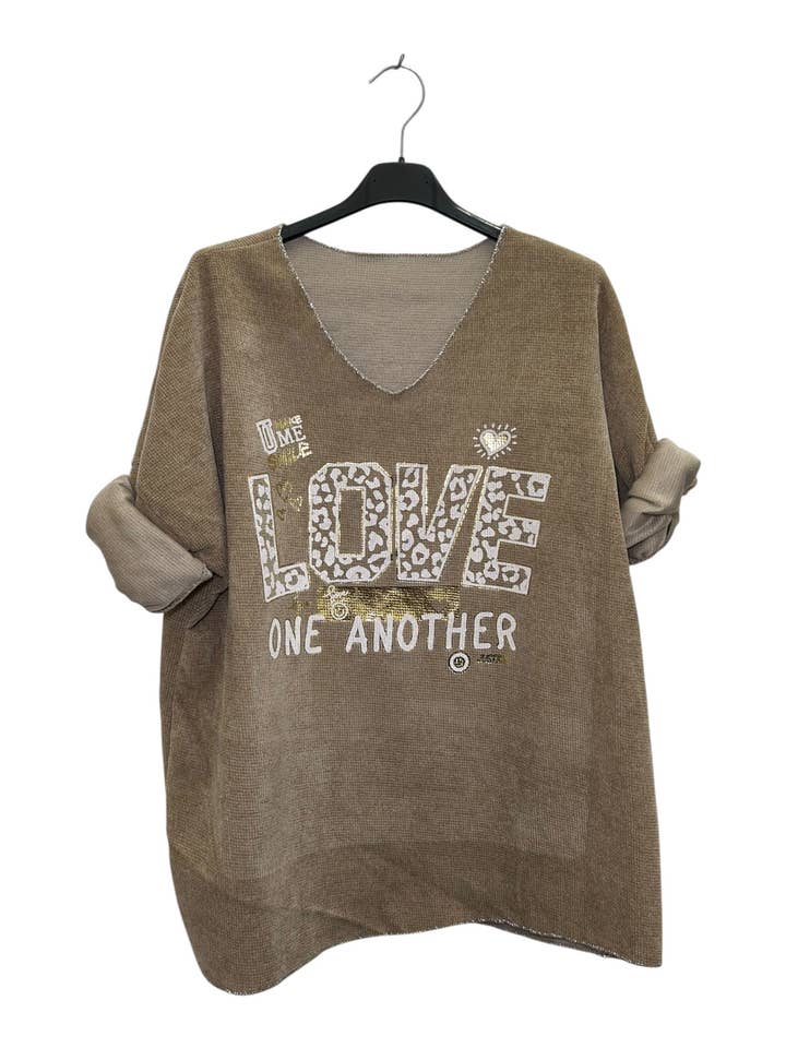Love One Another Print V-Neck Velvet Top