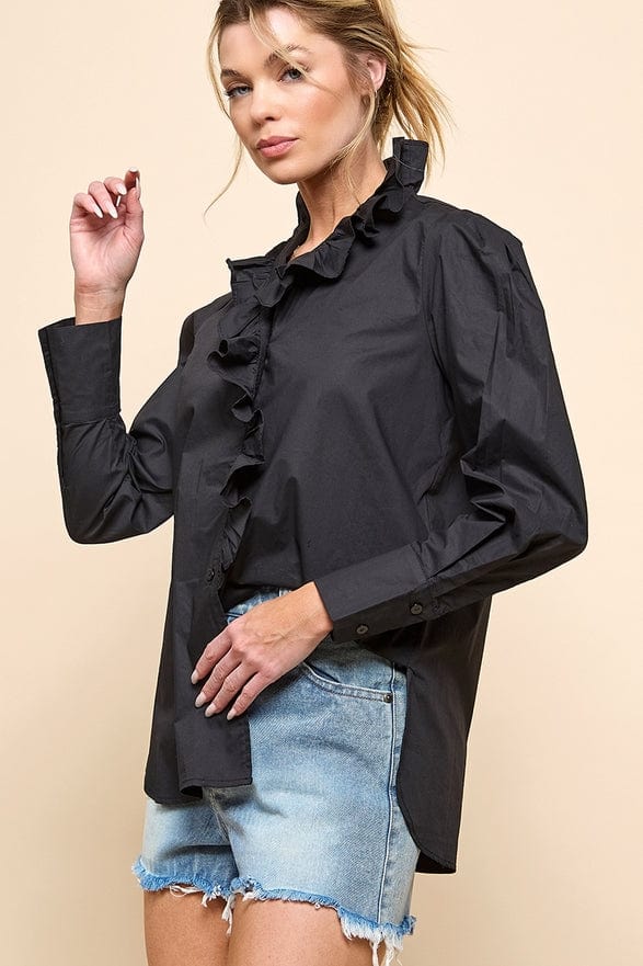Cezele Cezele Ruffle Collar Button Down Blouse in Black - Little Miss Muffin Children & Home