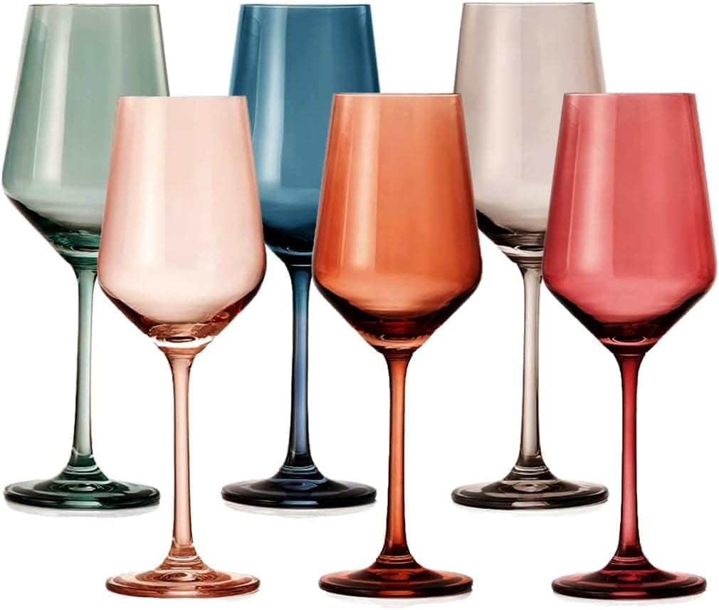 Large pastel colored stemmed wine glasses, set of 6