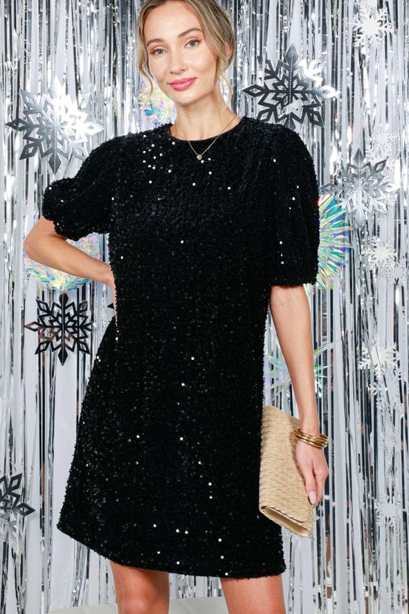Vine & Love Vine & Love Sequin Velvet Puff Sleeve Mini Dress in Black - Little Miss Muffin Children & Home