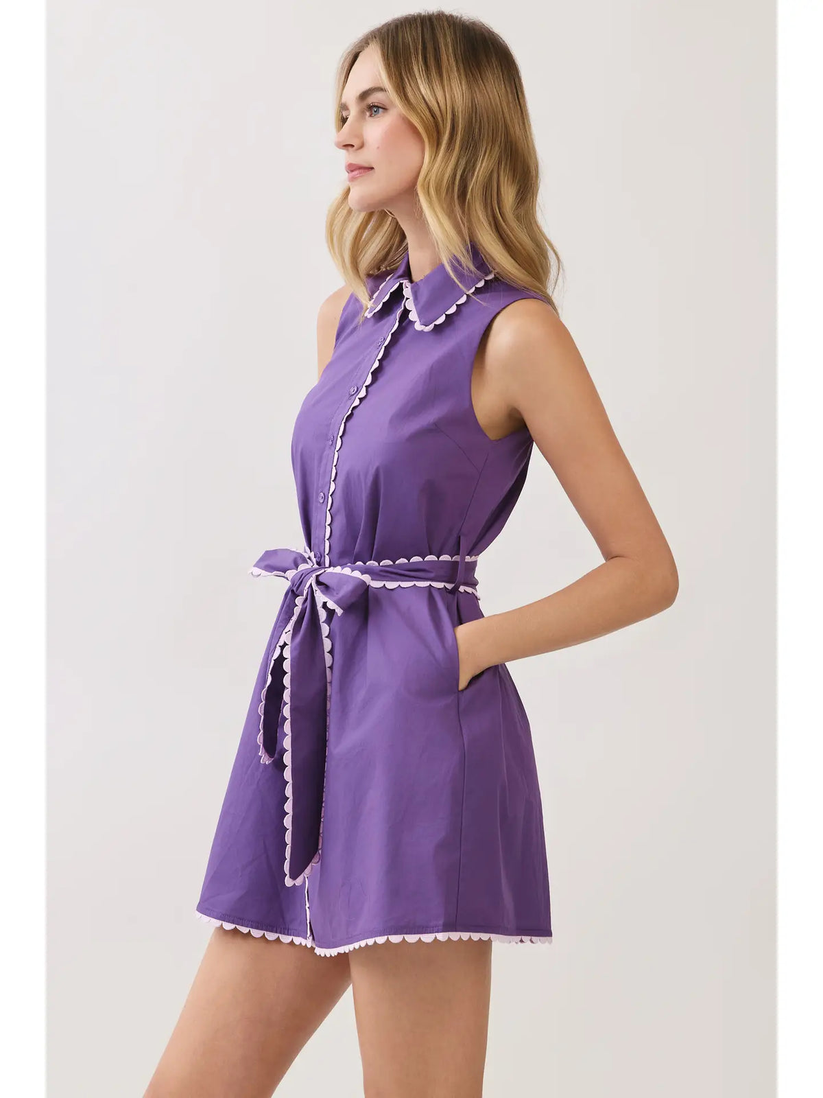 Scallop Trim Sleeveless Mini Shirt Dress with Sash Belt