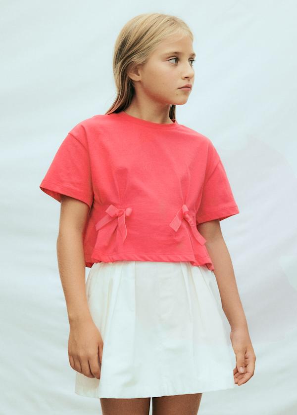Mayoral Usa Inc Bow Applique Short Sleeve Crop T-Shirt in Coral - Little Miss Muffin Children & Home