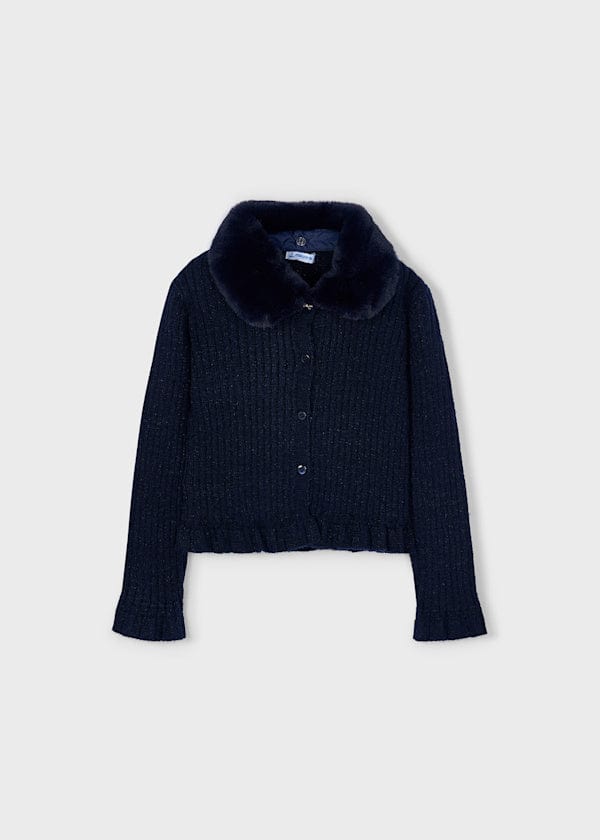Mayoral Usa Inc Faux Fur Collar Cardigan in Navy - Little Miss Muffin Children & Home
