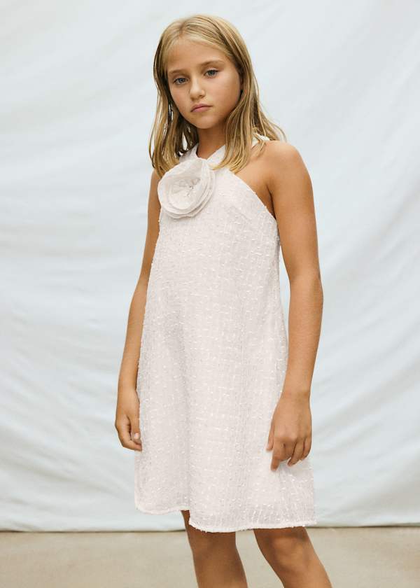 Flower Applique A-Line Dress in Chickpea