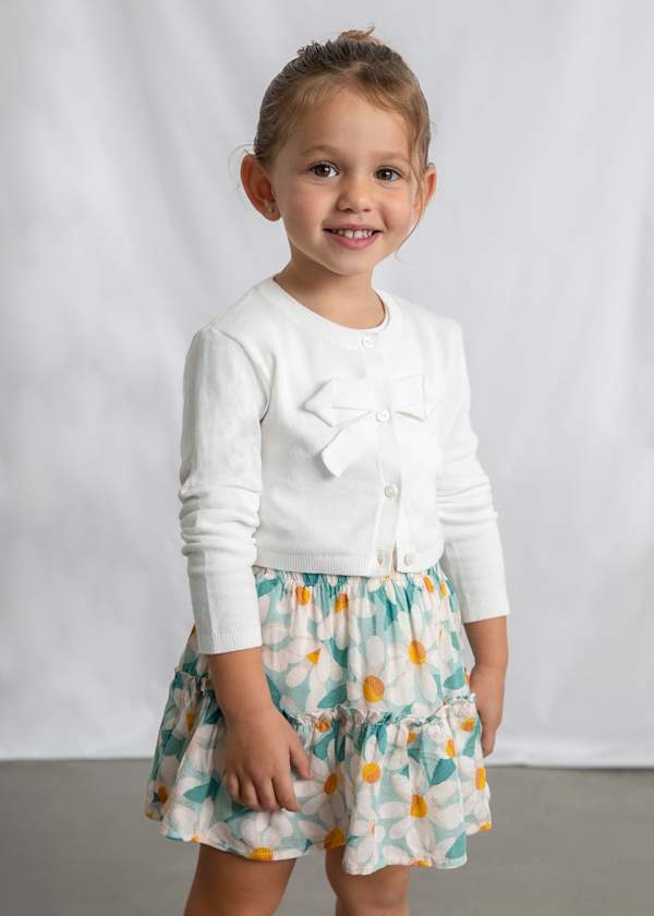 Knit Cardigan with Bow Applique in White