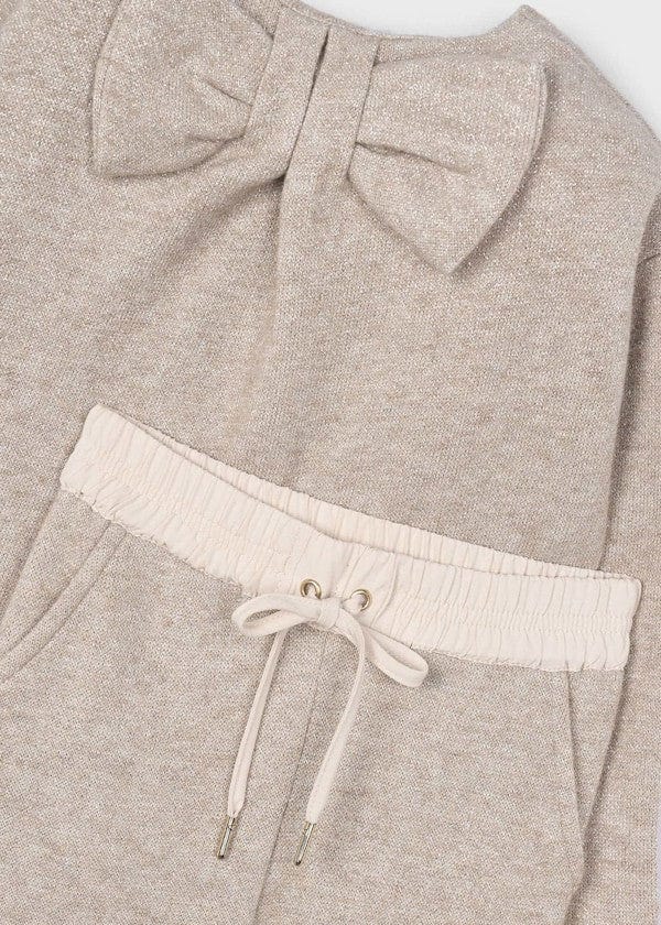 tan two piece pants set with bow