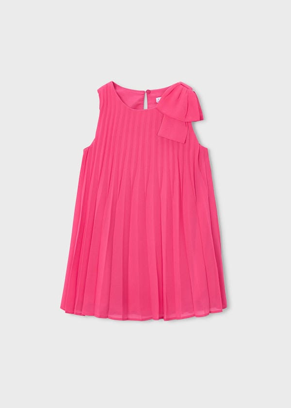 Accordion Pleat Sleeveless Dress with Bow in Carnation