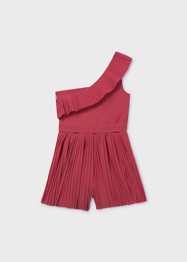 Accordion Pleat One Shoulder Romper in Coral