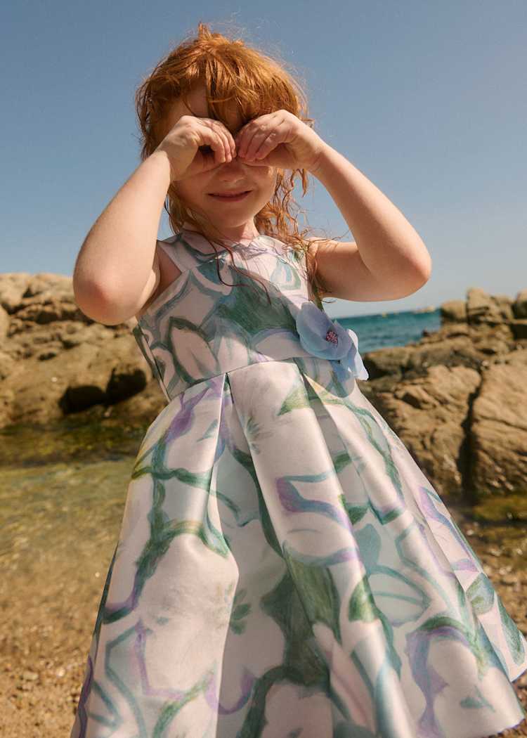 Abel & Lula Floral Printed Mikado Dress with Flower Applique - Little Miss Muffin Children & Home