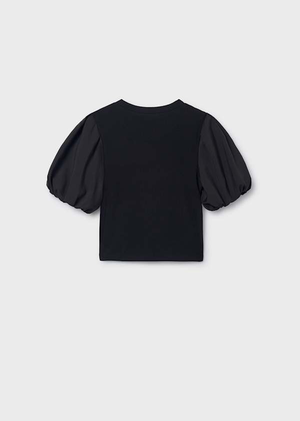 Puff Sleeve Ribbed T-Shirt in Black