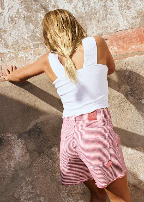 Striped Denim Shorts in Cherry