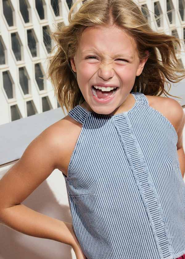Striped Denim Halter Neck Tank in Indigo