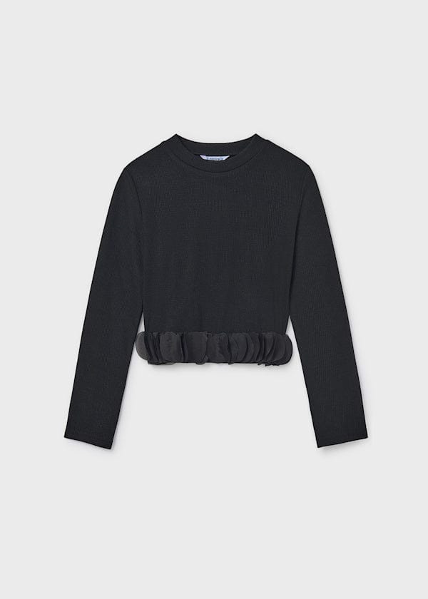 Long Sleeve Top with Petal Trim in Black