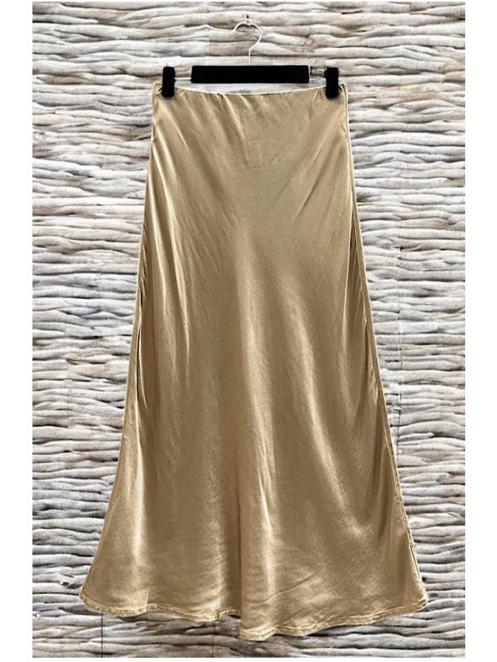 gold Italian Viscose Satin Bias Cut Midi Skirt