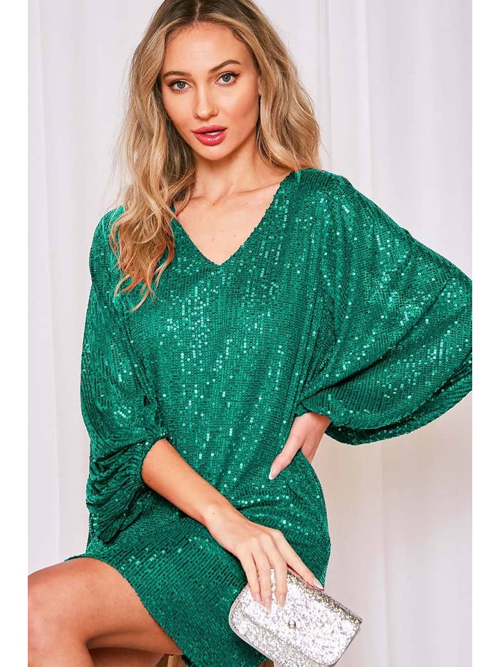 V-Neck Balloon Sleeves Sequin Detail Mini Dress green
