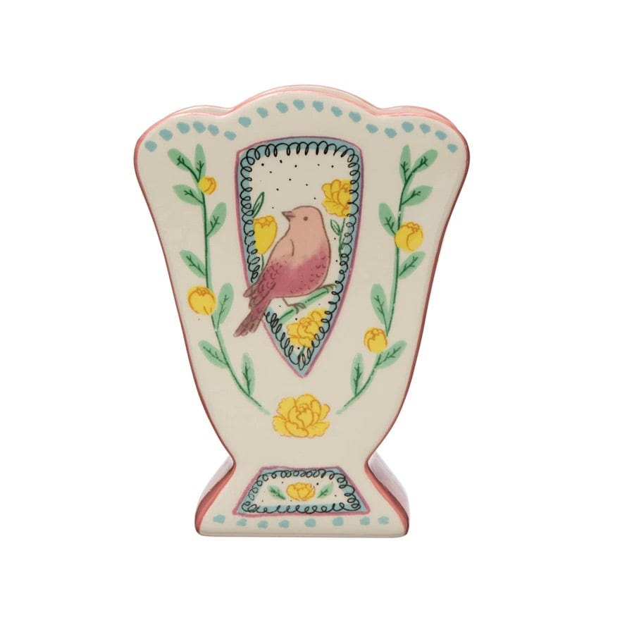 Creative Co-Op Ceramic Fan Shaped Vase with Birds