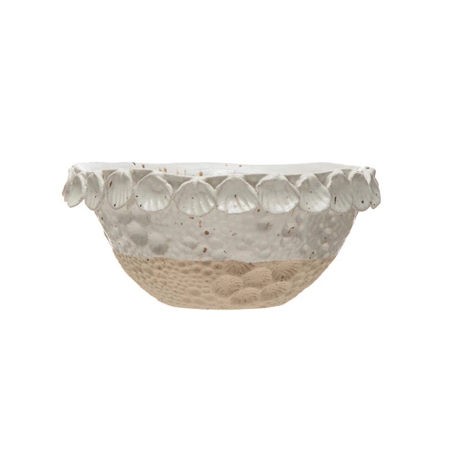 Creative Co-Op Embossed Shell Trim Stoneware Bowl