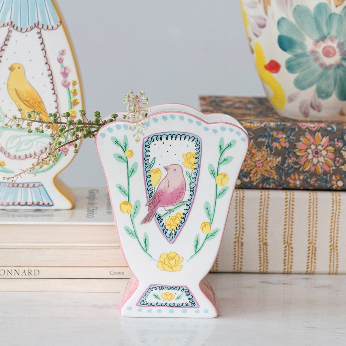 Creative Co-Op Creative Co-Op Ceramic Fan Shaped Vase with Birds - Little Miss Muffin Children & Home