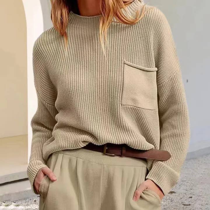 mock neck knit sweater in khaki
