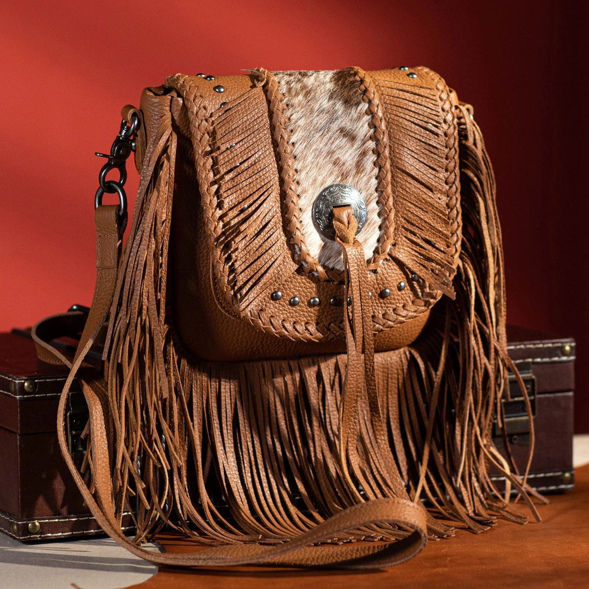 Genuine Leather Cowhide Bohemian Fringe Crossbody Bag