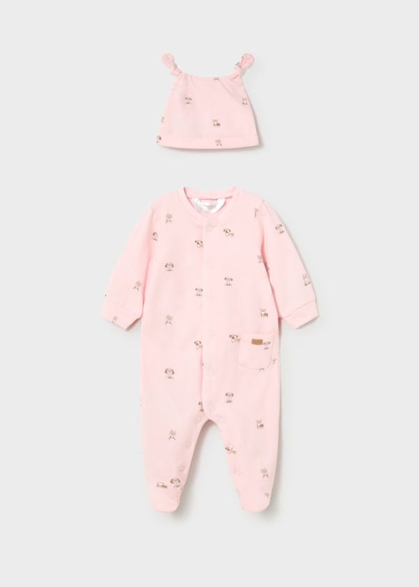 Newborn Printed Footie with Hat in Baby Pink