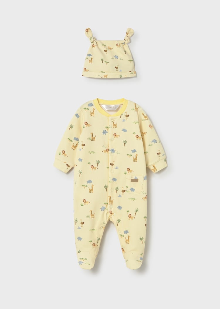 Newborn Printed Footie with Hat in Sunny