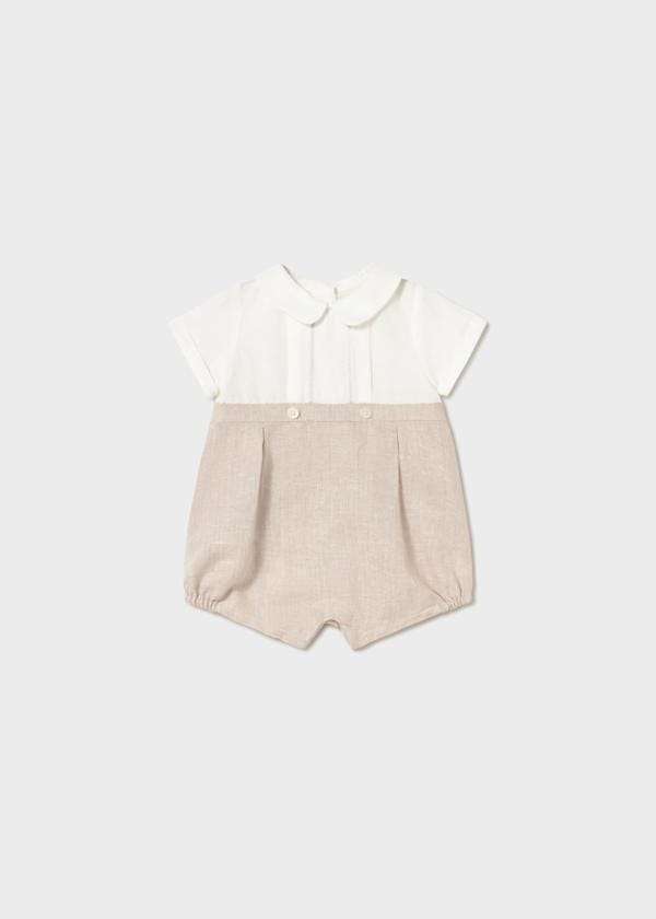 Mayoral Usa Inc Newborn Dressy Linen Button Back Romper in Wheat - Little Miss Muffin Children & Home
