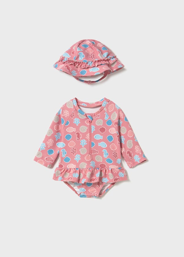 Newborn Ruffled Long Sleeve Swim Suit with Hat in Terracotta