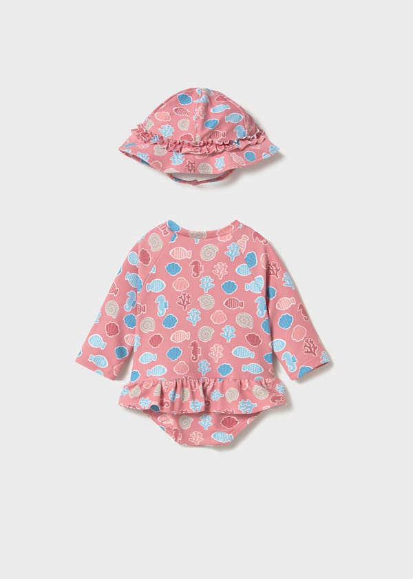 Newborn Ruffled Long Sleeve Swim Suit with Hat in Terracotta