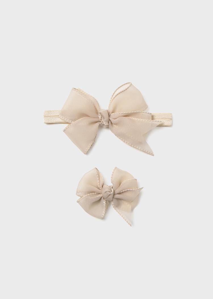 Newborn Bow Headband & Clip Set in Wheat