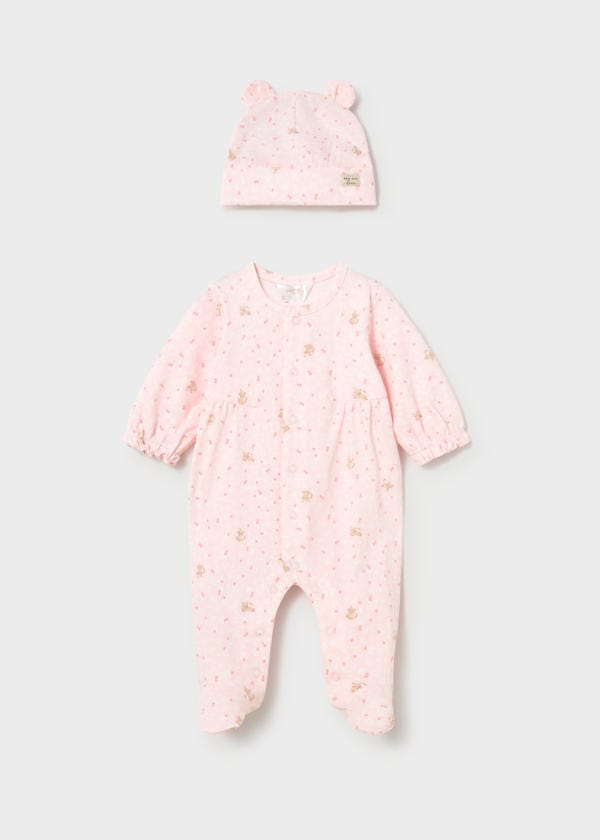 Floral Footie with Hat in Baby Pink