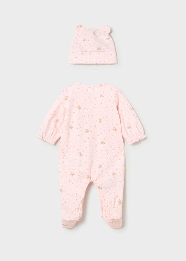 Floral Footie with Hat in Baby Pink
