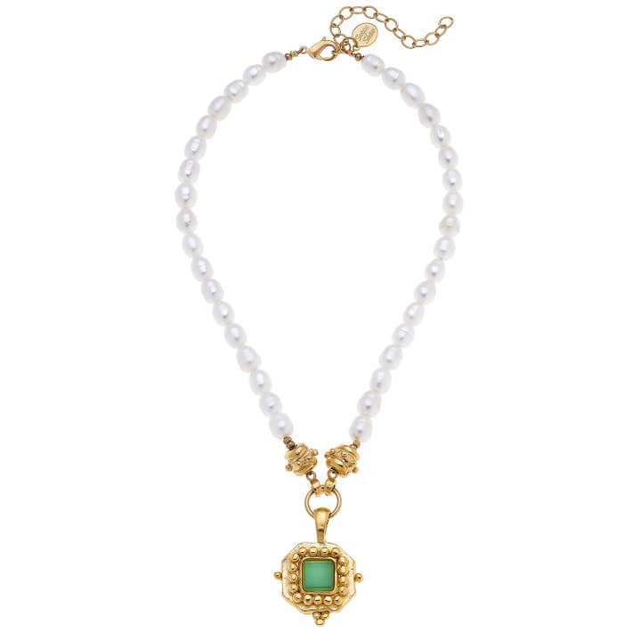 pearl necklace with green pendant