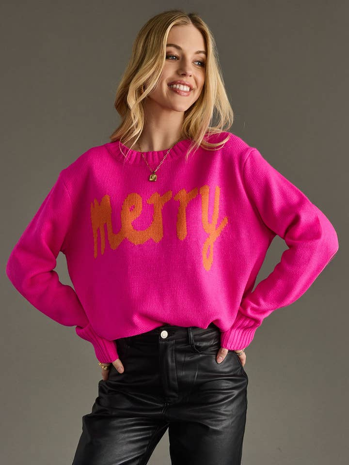 pink sweater with merry