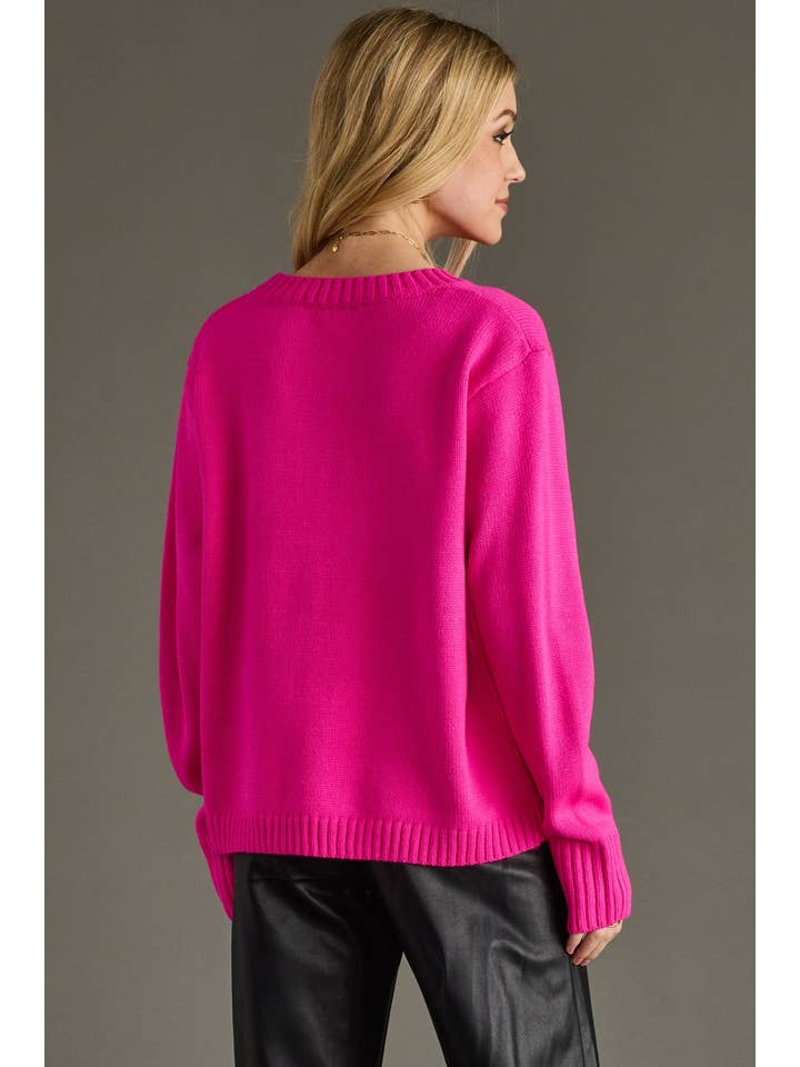 pink sweater with merry
