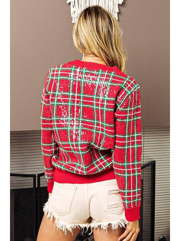 sequin red and green plaid sweater
