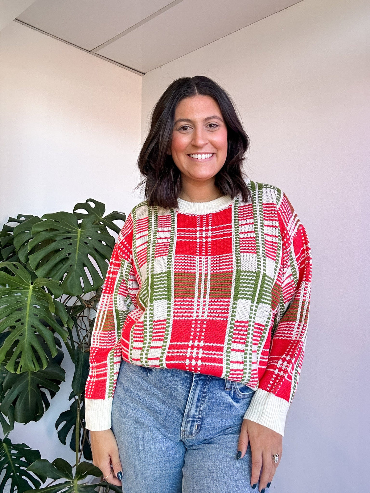red plaid sweater