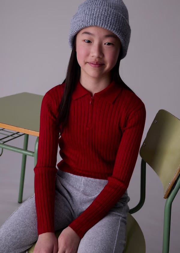 girls knit long sleeve red polo