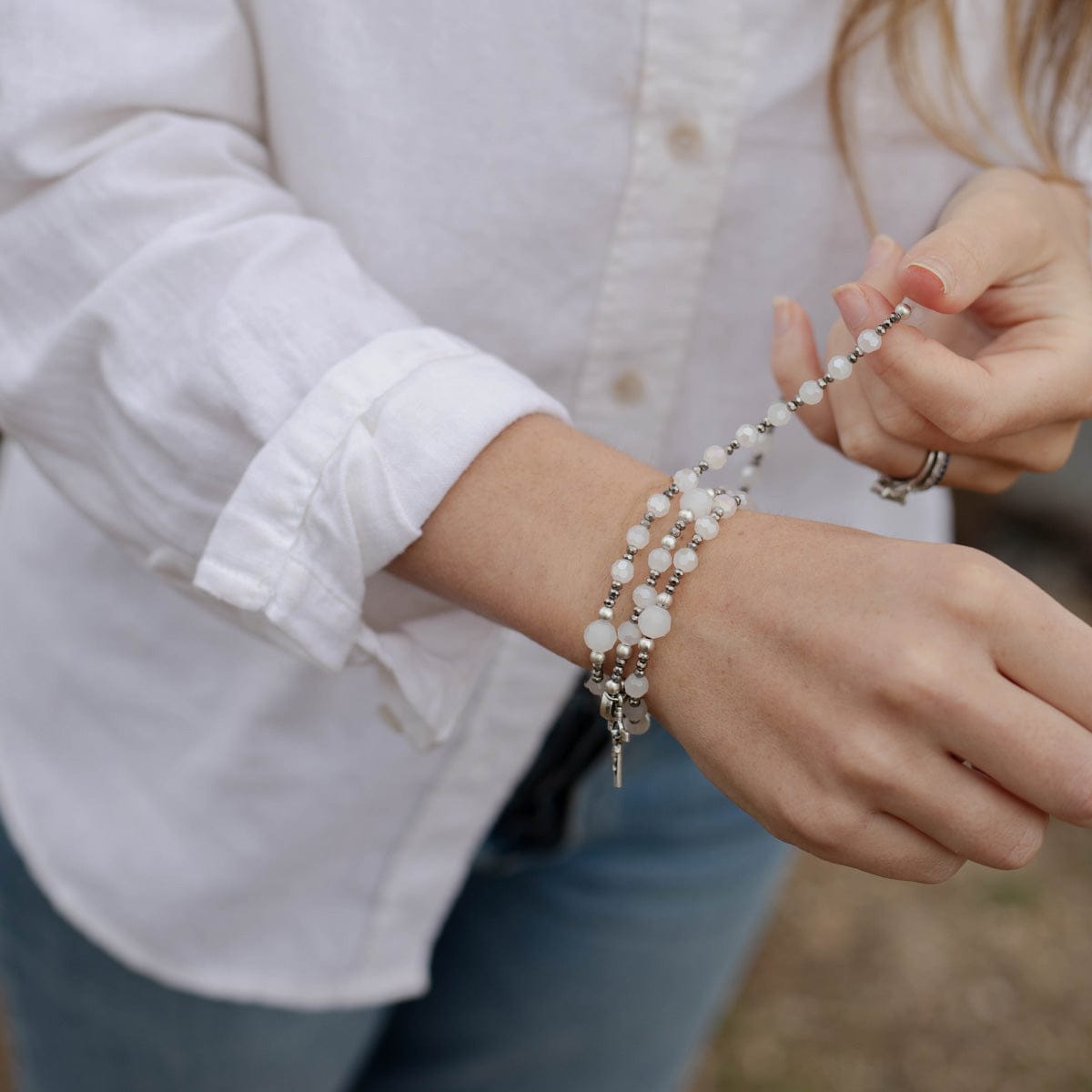 Miracles Rosary Wrap Bracelet - Silver / White