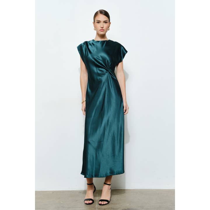 satin teal midi dress with tie knot