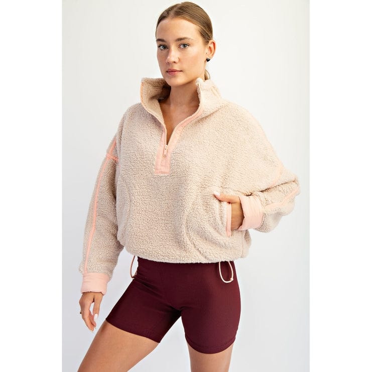 peach and cream sherpa pull over jacket